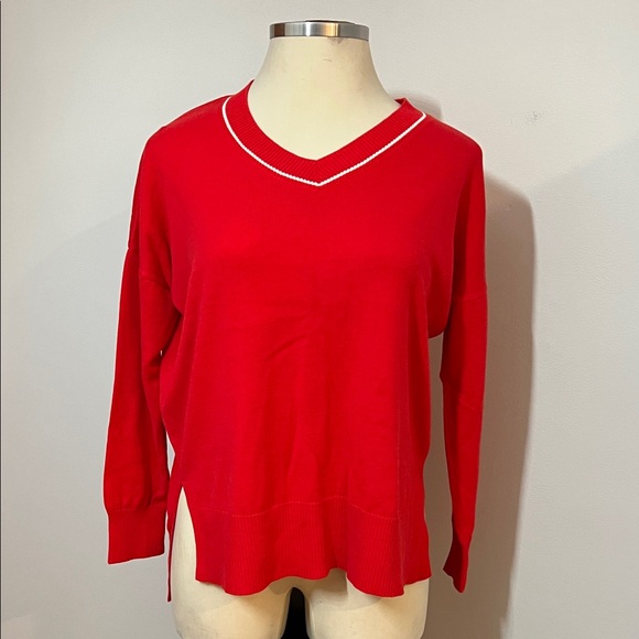 QVC Sweaters - Heart Sleeve Sweater V-Neck HighLow hem SideSlits in Vibrant Red